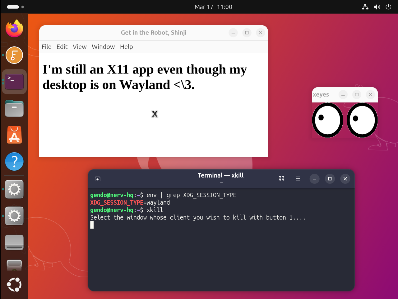 Screenshot of an Electron app running in X11 compatibility mode (XWayland) in a Wayland session on Ubuntu